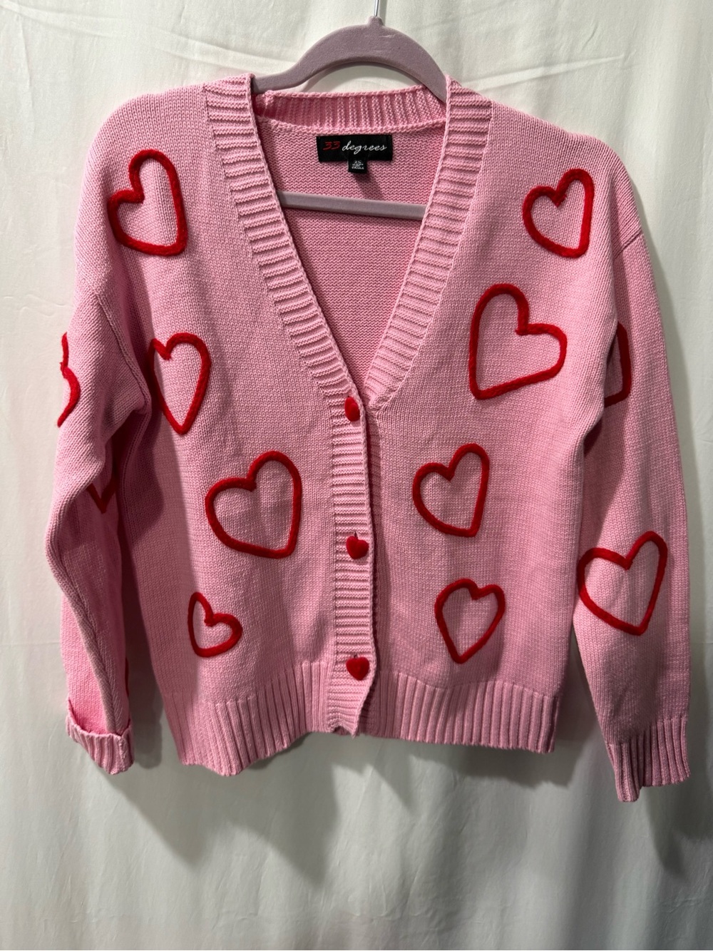 32 Degrees Pink Cardigan with Red Heart Accents
